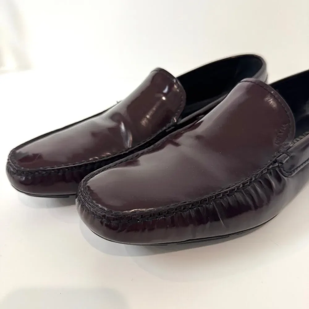 PRADA Shell Cordovan Burgundy Driving Loafer 10 Patent Leather Moccasin Driver